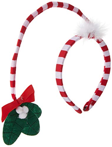 Red and white striped headband with a green mistletoe and bow.