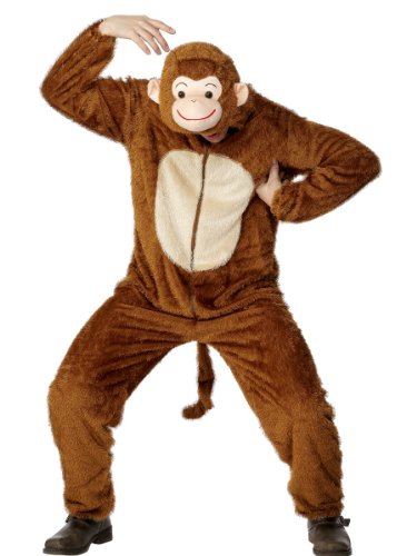 Adult in a full-body brown monkey costume with a beige chest.
