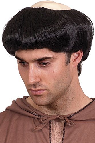 Black monk’s wig with a bald cap worn on a man’s head.