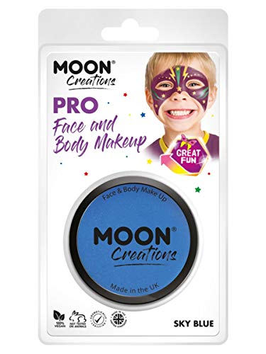 Sky blue face paint pot with packaging showing a child’s painted face.