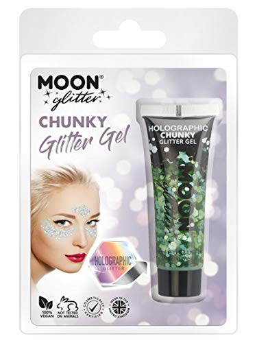 Tube of green holographic chunky glitter gel with face application example.