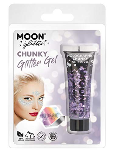 Purple holographic chunky glitter gel in a tube, with model application.