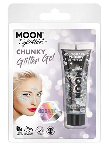 Silver holographic chunky glitter gel in a tube, with makeup application shown.