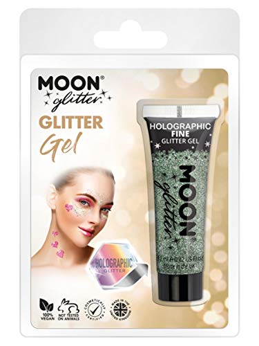 Tube of green holographic glitter gel in clear packaging.