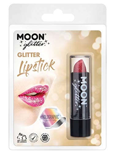 Red glitter lipstick in packaging, with lips shown covered in glitter.