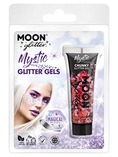 Tube of colorful chunky glitter gel with packaging and model wearing glitter.
