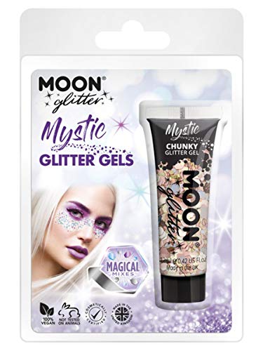Tube of mixed-color chunky glitter gel with packaging showing glitter makeup.