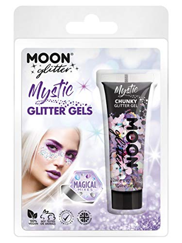 Packaged glitter gel with a model wearing glitter makeup.