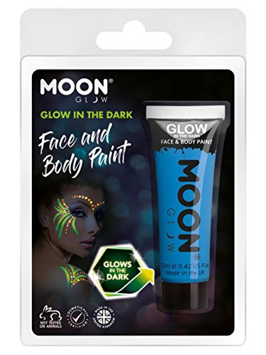 Blue glow-in-the-dark face paint tube with example face paint design.