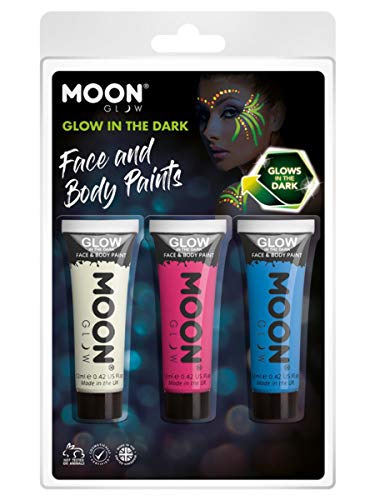 Pack of three glow-in-the-dark face paints in white, pink, and blue.