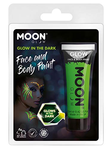 Green glow-in-the-dark face paint tube with model wearing painted design.