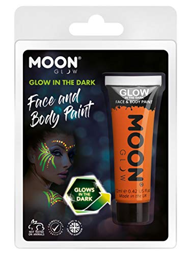 Orange glow-in-the-dark face paint tube with example face paint design.