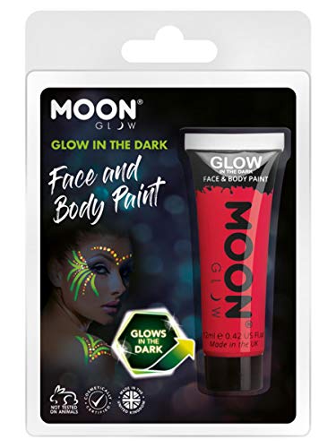 Red glow-in-the-dark face paint tube with a model wearing green paint.