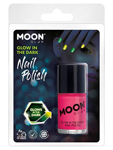 Pink glow-in-the-dark nail polish in plastic packaging with hand model.