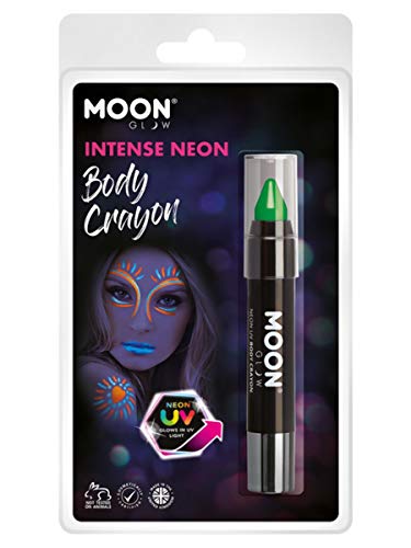 Green neon body crayon in clear plastic packaging with example artwork.