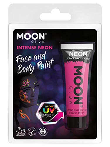 Hot pink UV face paint tube with example face painting shown.