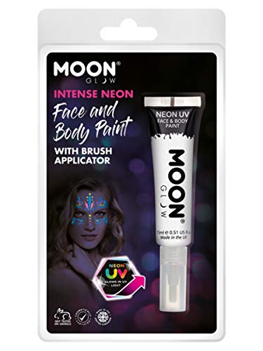 White neon UV face paint tube with a model wearing painted design.