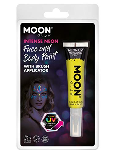 Yellow neon UV face paint tube with painted face on packaging.