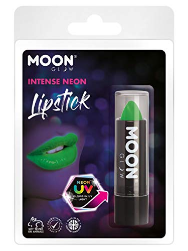 Bright green neon lipstick in black tube, packaged on white card.