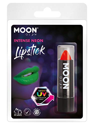 Red neon UV lipstick in black packaging, shown on a blister card.