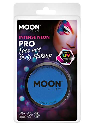Blue neon UV face and body makeup in a plastic pot.