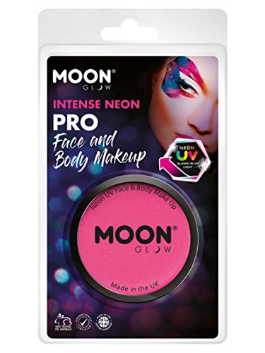 Pink circular makeup pot in clear plastic packaging, with UV glow effect.