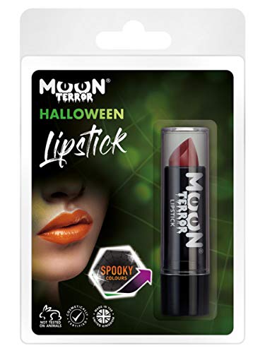 Black lipstick tube with red lipstick, packaged with Halloween-themed imagery.