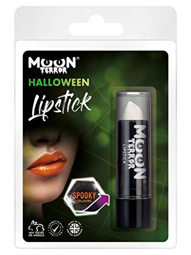 White Halloween lipstick in black tube, packaging shows spooky makeup design.