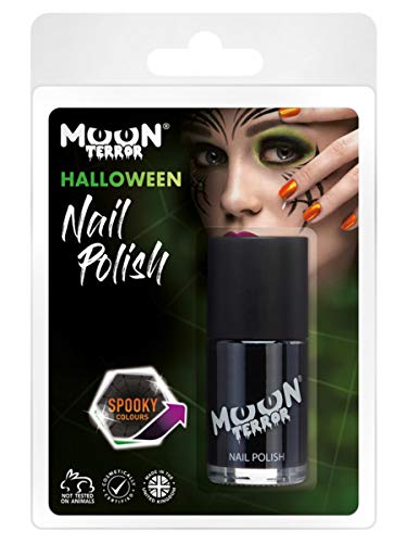Black Halloween nail polish in packaging with a spooky face graphic.