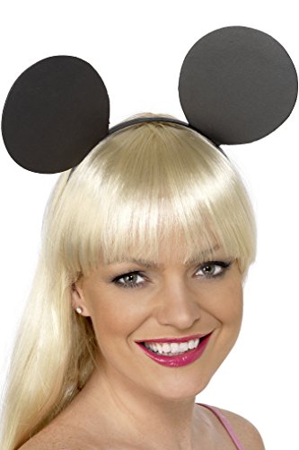 Woman wearing black mouse ears headband, smiling, with blonde hair and pink lipstick, against white background.