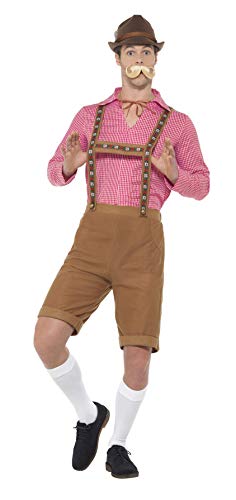 Man in a Bavarian costume with hat, suspenders, and mustache.
