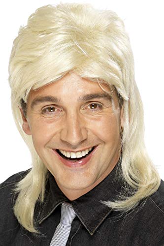 Man wearing a blonde mullet wig, short in front, long in back.