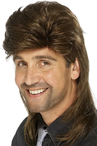 Man wearing a brown mullet wig, smiling, against a white background.
