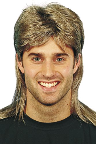 A man wearing a blonde mullet wig with highlights, smiling against a white background.