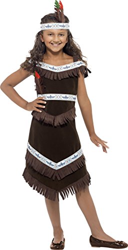Young girl wearing a brown Native American-inspired costume with fringes and a feathered headband.
