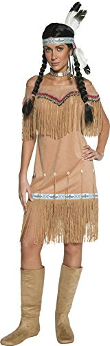 A woman wears a beige fringe Native American-inspired costume, boots, and feathered headdress.