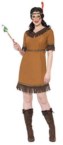 Woman in a brown fringed dress with a feathered headband.
