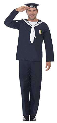 A man wearing a navy blue sailor costume with a matching hat saluting.