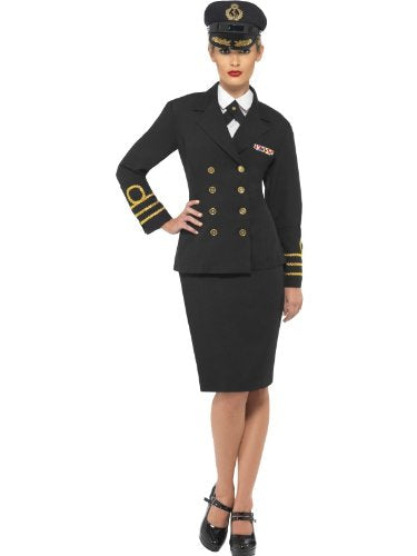 Woman wearing a navy officer costume with a black jacket, skirt, and peaked cap.