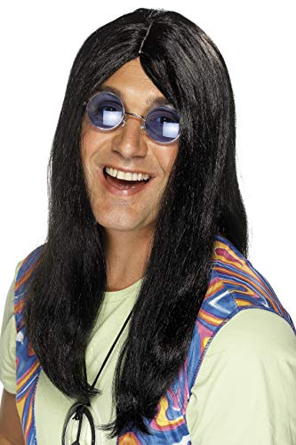 Man wearing a long, black hippy wig with a side parting and round glasses.