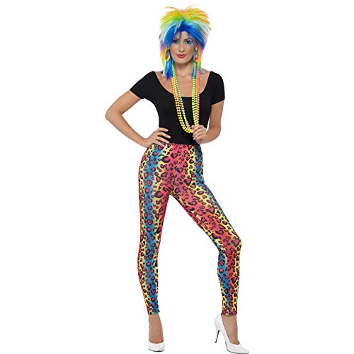 "Model wearing neon leopard print leggings and white high heels against a white background."