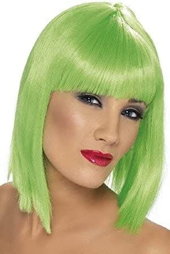 Bright green, short bobbed wig on a mannequin head with makeup.