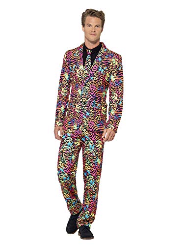 A man wearing a neon-colored suit with a vibrant animal print pattern.