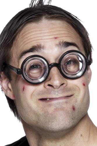 Man wearing oversized, round, black-framed novelty glasses and has acne.