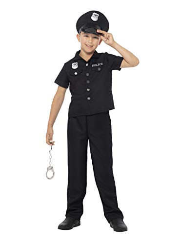 Boy wearing a black New York police officer costume with hat and handcuffs.