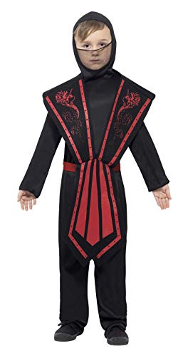 Child in a black ninja costume with red dragon details.