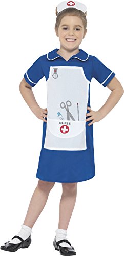 Young girl wearing a blue and white nurse costume with cap.