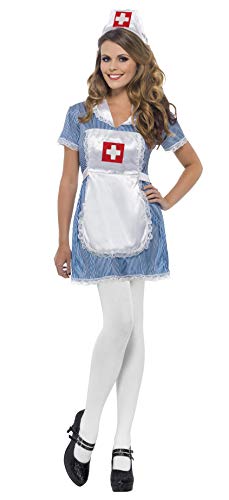 Woman in a short, blue nurse costume with a white hat and apron.