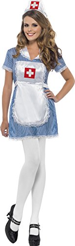 Woman wearing a blue and white nurse costume, white tights, and black shoes.