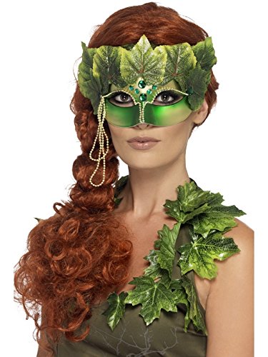 Green and gold nymph mask with fabric leaves, worn by a woman.